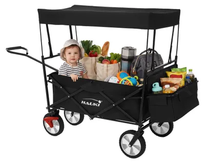 Produktbild von Hauki Bollerwagen faltbar mit Dach, Handwagen klappbar für Kinder, Strand, Picknick, Camping, Garten, Transportwagen L Schwarz, Gerätewagen mit Tasche