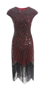 Produktbild von 20er Jahre Charleston Pailletten Kleid Rot/Schwarz Fransen Flapper Damen Kostüm, Größe:L