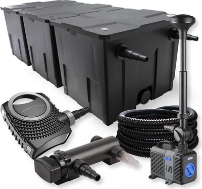 Image de SunSun Kit complet: CBF-350C Filtre de bassin jusqu'à 90000 L, CTF-8000 pompe de filtration 8000l/h 70W, CUV-318 lampe uv 18W, 25m Tuyau 25 mm, CTP-2803 fontaine 3000l/h 10W