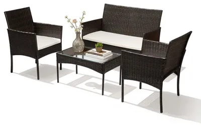 Produktbild von Vigevee Rattan Gartenmöbel Set mit 2 Sesseln, Sofa, Tisch und Kissen, Braun