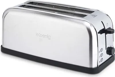 A silver toaster with a black base is shown against a white background.