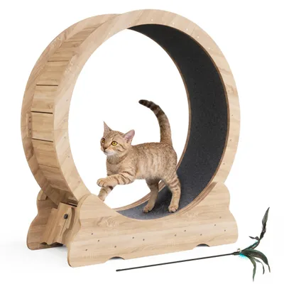 Image de Mondeer Jouet intelligent pour animaux Tapis roulant pour chats,Diamètre intérieur 80cm,Design de serrure de sécurité, Roue de défilement silencieuse,90 x 97 x 36CM Bois naturel