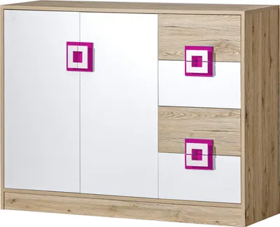 Produktbild von Furniture24 Kommode NICO 08 , Schrank, Mehrzweckschrank, Sideboard mit 2 Türen und 4 Schubkasten Hell Eiche/Weiß/Rosa