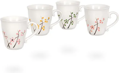 Produktbild von Teetassen / Teetassen Set / Kaffeetassen / Becher Kirschblütendesign, 4 Tassen je 220ml, weiß, handbemalt