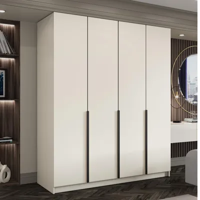 Zdjęcie produktu dla Duża szafa 4-drzwiowa LIZA otwierana 200cm biała, w komplecie z półkami, drążkiem i uchwytem czarnym lub złotym, modny design