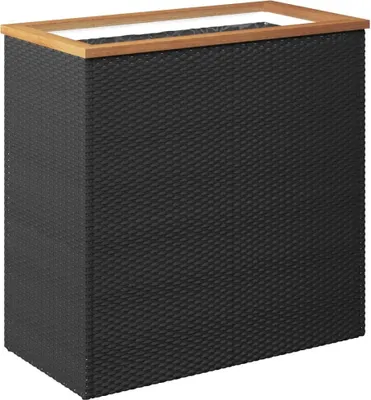 A black rattan planter box with a wooden top edge against a white background.