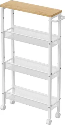 Productafbeelding van Famanu keukentrolley, smal model met 4 niveaus - Eikenhout, wit