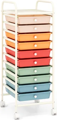 A rolling cart with ten colorful drawers.