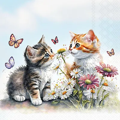 Produktbild von Servietten Cocktail 25x25cm 3-Lagig 20 Servietten Kleine Katzen Napkin 25 Kittens in flower field