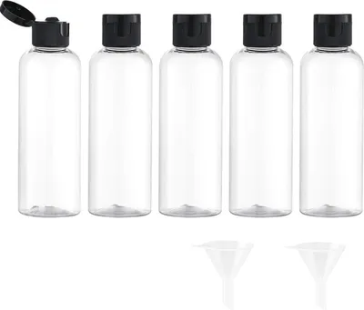 Produktbild von Reiseflaschen Set, 100ml, 5 Stück mit Klappdeckel, Durchsichtig, mit Trichter, Kosmetikbehälter