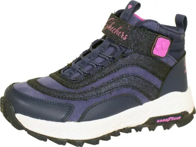 A single navy blue Skechers boot for children.
