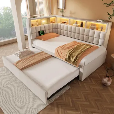 Image de Lit rembourré avec éclairage LED, haut-parleurs Bluetooth, ports USB et Type-C, tête de lit en L avec étagère, lit d'appoint coulissant, canapé-lit, 90 x 200 cm, beige