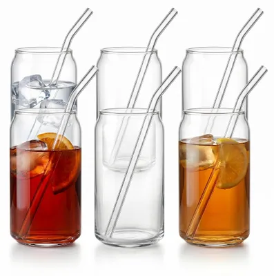 6 Trinkgläser 500 ml mit Glasstrohhalmen, Dosenform