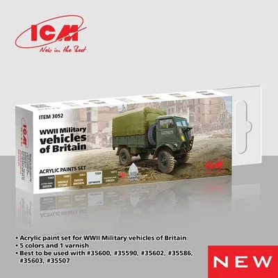 Produktbild von ICM 3052 – Acrylfarben-Set für britische Militärfahrzeuge des Zweiten Weltkriegs, 6 x 12 ml, neu