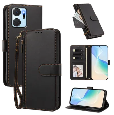 Produktbild von Geldbörse Hülle für Honor X7A, Kunstleder Handyhülle mit Kartenfächer, Ständer, Handschlaufe Schwarz