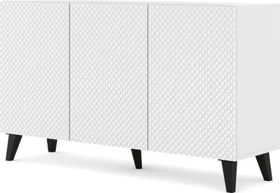 Produktbild von Kommode RAVENNA C 150 cm 3D WEIß MATT / WEIß GLANZ mit Schwarz Füße US Diamantförmiger Fräser Sideboard MDF 3 Türen Highboard Schrank offene Regale Büfett mit gefräster fronten Diamant