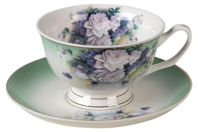 Image de Clayre & Eef Tasse avec soucoupe 200 ml Vert Blanc Porcelaine Fleurs