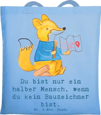 Produktbild von Mr. & Mrs. Panda Stoffbeutel Bauzeichner Herz - Sky Blue - Geschenk, Tasche, Tragetasche, baumwoll shopper, totebag, Laptoptasche, Tote Bag