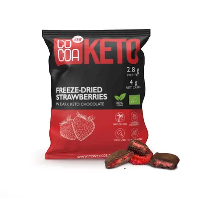 Produktbild von ERDBEEREN IN DUNKLER SCHOKOLADE OHNE ZUCKERZUSATZ, KETO , 40 g – COCOA
