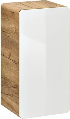 A product shot of a cabinet with a wood-grain side and a white high-gloss front.