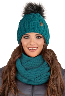 Produktbild von Vivisence damen bommelmütze und schal set warm kopfbedeckung und halsbedeckung an winter und herbst warm dick, wintermütze mit bommel, winterset für frauen, hergestellt in der eu, dunkeltürkis, einhei