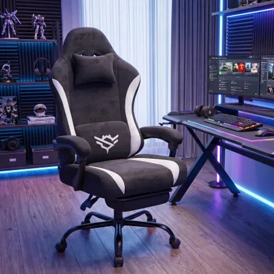 Produktbild von SONGMICS Gaming Stuhl, Ergonomischer Bürostuhl aus Polyester, mit Fußstütze und Lendenkissen, 135° Neigung, 70 x 70 x (120-130) cm, Schwarz und Weiß