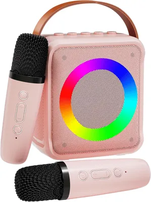 Produktbild von Karaoke Maschine, Mini-Karaoke-Maschine mit 2 kabellosen Mikrofonen, Bluetooth Lautsprecher, Mikrofon Lautsprecher Set mit LED Lichtern