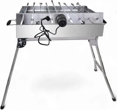 A stainless steel electric grill with skewers and a motor, shown on a white background with its legs extended.