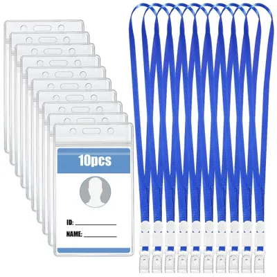 Produktbild von Ausweishalter mit Lanyard, 11,5 * 6,7 cm, vertikaler Ausweishalter, 10 Stück, transparenter, wasserdichter Kartenhalter, Schutzhülle für Namensschilder, Ausweishalter mit Lanyard für Schule und Büro.
