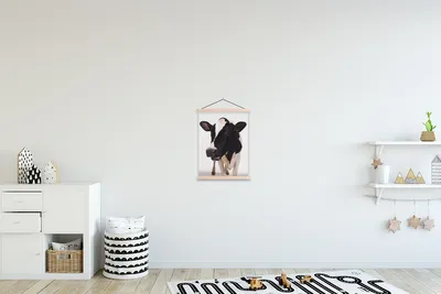 Produktbild von MuchoWow® Textilposter Kuh - Weiß - Tiere - Schwarz 40x53 cm mit holzfarbenen Rahmen - Schlafzimmer