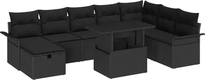 Produktbild von Modulares Garten-Sofa-Set, 9-teilig, für 8 Personen, Poly Rattan Schwarz, mit Stauraum, verstellbarem Gartentisch und Kissen