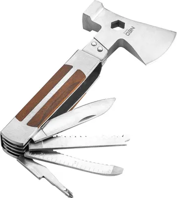 Produktbild von NEO TOOLS Multitool 11 v 1 z nehrdzavejúcej ocele, multifunkčné náradie, drevená rukoväť, kľúč, kladivo, sekera, nôž, píla, škrabka, plochý skrutkovač, pilník, meter, PH skrutkovač, otvárač na konzervy..