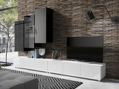 Produktbild von Wohnwand CALABRINI-17 Wohnzimmer-Set Hängewohnwand Schrankwand mit LED-Beleuchtung TV-Schrank Vitrine Moderne Anbauwand Hochglanz (Schwarz + Weiß)