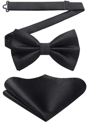 Produktbild von Fliege mit Einstecktuch für Herren, einfarbig, verstellbar, schwarz, Polyester-Seide