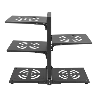 A black metal multi-tiered organizer with cut-out patterns on each shelf, shown against a white background.