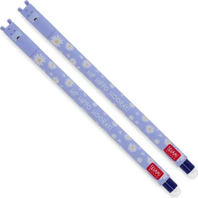 Two purple gel pens with a hippo design and daisy pattern are shown diagonally on a white background.