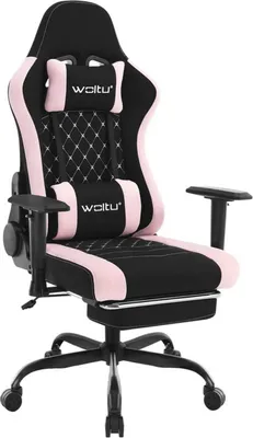 A black and pink gaming chair with a headrest and lumbar pillow.