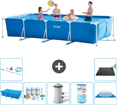 Produktbild von Intex-Schwimmbecken mit rechteckigem Rahmen – 450 x 220 x 84 cm – Blau – im Lieferumfang enthalten Sonnensegel - Wartungspaket - Filterpumpe für Schwimmbad - Filter - Bodenplane - Reinigungskit