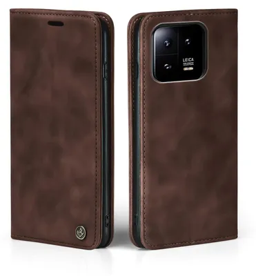 A brown leather flip case for a smartphone is shown from two angles.