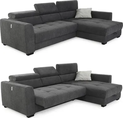Produktbild von Ecksofa elektrisch ausfahrbar verstellbar Couch Kopflehne Bettkasten Dunkelgrau / 15409