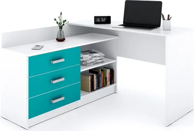 Produktbild von Marlux-Meble Alto Schreibtisch mit Schubladen 3 und 2 Regalen (Türkis Matt 131x120x76 cm)