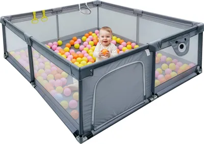 Produktbild von Relaxdays Laufstall Baby, 200 x 200 cm, Laufgitter, 50 Bällen, 2 Laufstallringe, sichere Spielecke, Oxford-Gewebe, grau