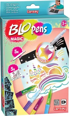 The image shows the packaging of a Blopens Sprühstifte Set Magie, with a child using the product in the background.