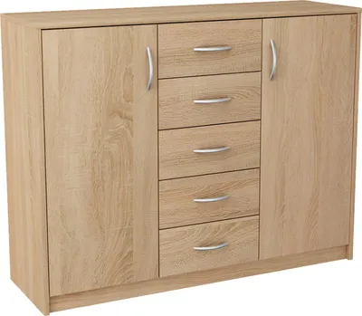Produktbild von MATKAM Moderne Kommode 2D5S mit 2 Türen und 5 Schubladen - Robuste Aufbewahrungslösung für Schlafzimmer und Wohnbereiche (Sonoma Eiche)