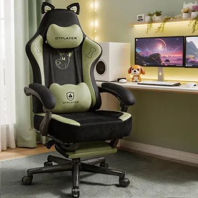 Produktbild von GTPLAYER Niedlicher Gaming Stuhl mit Samtstoff, Gaming Chair, ergonomischer Bürostuhl Gamer Stuhl mit Katzenohren, Memory-Schaum und Fußstütze, 150kg