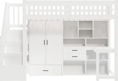 Produktbild von Flieks Etagenbett 90x200cm mit Kleiderschrank, Kinder Hochbett mit Regal und Schreibtisch, Kinderbett mit Stauraumtreppe, Stockbett Einzelbett Weiß