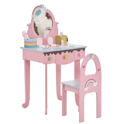 Produktbild von Kinder 2 in 1 Schminktisch Set, Frisiertisch mit dreifach klappbarem Spiegel & Schublade, Prinzessinnen Kosmetiktisch mit Schminkhocker,Rosa