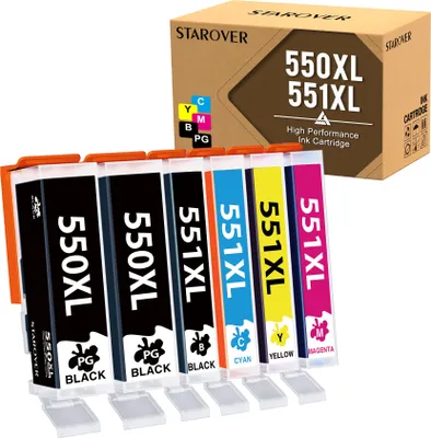 A set of printer ink cartridges and their packaging.