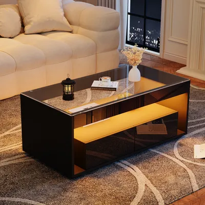 Produktbild von MODFU Hochglanz Couchtisch schwarz Wohnzimmertisch LED,Sofatisch Beistelltisch mit zwei Schubladen und doppelschichtiges Design,100×50×40cm