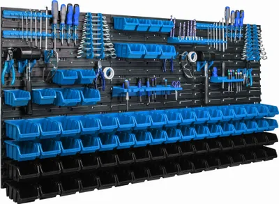 Produktbild von Lagersystem Wandregal 173x78cm, Werkzeughalterungen,  81 stck. Stapelboxen Schüttenregal Sichtlagerkästen, Extra Starke Wandplatten, Regal Erweiterbar, Werkstattregal Lagerregal Werkstattwandregal Ste